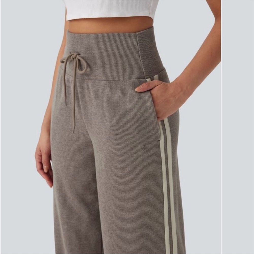 Ribbed Knit High Waisted Tummy Control Drawstring Casual Wide Leg Pants Pockets - Picture 2 of 9
